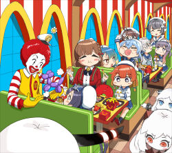  1boy 6+girls absurdres abyssal_ship asahi_(kancolle) balloon_animal black_hair breasts brown_hair burger chougei_(kancolle) closed_eyes clown cup disposable_cup eating enemy_lifebuoy_(kancolle) etorofu_(kancolle) fast_food flower food food_on_face french_fries fukae_(kancolle) glasses gloves grey_hair hair_flaps hair_ornament hat highres hirato_(kancolle) holding holding_cup holding_food horns indoors jingei_(kancolle) kantai_collection matsuwa_(kancolle) mcdonald&#039;s mole mole_under_eye multiple_girls northern_little_sister northern_ocean_princess open_mouth osananajimi_neko purple_hair redhead ronald_mcdonald sado_(kancolle) seaport_princess single_horn sitting sparkle tsushima_(kancolle) white_flower white_gloves white_hair 