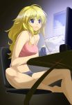  barefoot blonde_hair blue_eyes book breasts camisole computer curly_hair eating glaring hair_ornament hairclip instrument large_breasts long_hair midriff mouth_hold original paper reflection shorts yukimi_dango 
