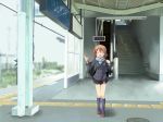  1girl akane_souichi blazer original scarf school_uniform skirt smile train_station wave waving 