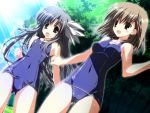  2girls blue_hair brown_eyes brown_hair h2o_footprints_in_the_sand kumon_maki long_hair one-piece_swimsuit school_swimsuit short_hair swimsuit trap yakumo_hamaji 