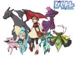  1girl alternate_color bag bangs blunt_bangs brown_hair charizard dragon espeon glaceon hairband holding holding_poke_ball mismagius painame pixiv pixiv_trainer poke_ball pokemon pokemon_(creature) red_eyes roserade shiny simple_background vaporeon walking white_background 