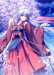  blue_hair bow cherry_blossoms eien japanese_clothes long_hair miko original very_long_hair wind 