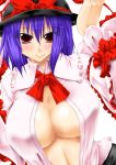 blush breasts hat large_breasts nagae_iku open_clothes open_shirt purple_hair ribbon ribbons shirt short_hair touhou 