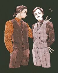  2boys beard_stubble black_shirt closed_mouth collared_shirt cropped_legs facial_hair green_background hand_in_pocket highres looking_at_viewer male_focus meitantei_conan morofushi_takaaki multiple_boys mustache nanteiiyoru necktie orange_shirt ponytail shirt short_hair simple_background stubble vest yamato_kansuke 