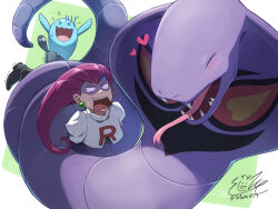  ^_^ arbok artist_name black_footwear blank_eyes blush boots border closed_eyes clothes_writing commentary_request constriction earrings fang fangs flying_sweatdrops forked_tongue green_background happy highres jessie_(pokemon) jewelry light_blush long_hair nervous_smile open_mouth outside_border pink_hair pokemon pokemon_(anime) pokemon_(classic_anime) pokemon_(creature) shirt short_sleeves signature simple_background smile snake sweat tatsumi_(panneko) teeth tongue tongue_out trembling turn_pale twitter_username wavy_mouth white_border white_eyes white_shirt wobbuffet 