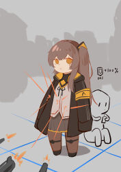  1girl 1other absurdres armband asymmetrical_sidelocks black_footwear black_jacket black_pantyhose black_ribbon brown_hair deformed double-parted_bangs dress_shirt firing full_body gameplay_mechanics girls&#039;_frontline_2:_exilium girls_frontline grey_skirt hair_between_eyes highres hood hood_down hooded_jacket jacket long_hair long_sidelocks looking_at_viewer neck_ribbon one_side_up open_clothes open_jacket orange_eyes pantyhose papaba projectile_trail ribbon ricocheting scar scar_across_eye shirt sidelocks skirt standing ump45_(girls&#039;_frontline) very_long_hair white_shirt yellow_armband 