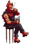  akuma beads book capcom cup dougi drinking geta glowing_eyes gouki male muscle muscles pectorals prayer_beads red_eyes red_hair redhead sandals sitting solo stool street_fighter tea teacup topknot 