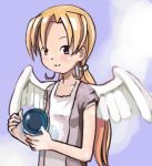  1girl angel angel_wings bangs blonde_hair blush bust character_request copyright_request long_hair looking_at_viewer lowres orb parted_bangs ponytail sixten smile wings yellow_eyes 