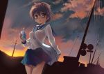  breasts brown_eyes brown_hair erect_nipples juice_box miyanaga_saki original oryou power_lines saki school_uniform serafuku short_hair skirt sky strap_cleavage sunset telephone_pole 