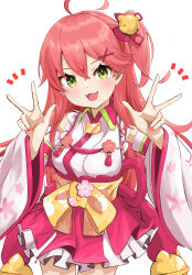  1girl :3 absurdres ahoge bell bow breasts cherry_blossom_print commentary detached_sleeves floral_print frilled_kimono frills glowstick green_eyes hair_bell hair_between_eyes hair_bow hair_ornament hairclip hakama hakama_short_skirt hakama_skirt hands_up highres hololive japanese_clothes jingle_bell kakue_gaku kimono large_breasts long_hair long_sleeves looking_at_viewer nontraditional_miko notice_lines obi one_side_up open_mouth pink_hair pink_nails red_bow red_hakama sakura_miko sakura_miko_(1st_costume) sash simple_background skirt sleeveless sleeveless_kimono smile solo tongue twitter_username virtual_youtuber w white_background white_kimono wide_sleeves x_hair_ornament yellow_bow yellow_sash 