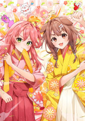  2girls 35p_(sakura_miko) :3 absurdres ahoge alternate_costume amesui animal_ears bell blush bone_hair_ornament bow braid brown_eyes brown_hair checkered_background cherry_blossom_print clenched_hand commentary_request dog_ears dog_girl explosion fang floral_print floral_print_kimono green_eyes hair_bell hair_between_eyes hair_bow hair_ornament hairclip hakama hand_up highres hololive hololive_dev_is inugami_korone japanese_clothes kikirara_vivi kimono listener_(inugami_korone) long_hair long_sleeves looking_at_viewer medium_hair mouth_hold multiple_girls one_side_up open_mouth pink_bow pink_hair pink_hakama pink_kimono sakura_miko skin_fang smile sweat twin_braids v-shaped_eyebrows virtual_youtuber white_hakama wide_sleeves yellow_kimono 