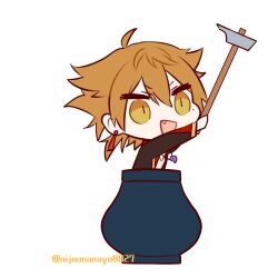  1boy :d absurdres ahoge black_jacket brown_eyes brown_hair chibi earrings fushimi_gaku fushimi_gaku_(1st_costume) getting_over_it hair_between_eyes hammer highres holding in_cauldron in_pot jacket jewelry long_hair magatama magatama_necklace male_focus mole mole_under_eye necklace nijisanji ninahachi open_clothes open_jacket outstretched_arm shirt simple_background sledgehammer smile solo twitter_username virtual_youtuber white_background white_shirt 