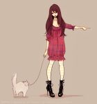  cat dress high_heels leash long_hair shoes simple_background standing takenaka 