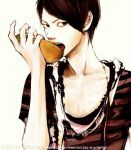  brown_hair eating short_hair simple_background solo striped t-shirt takenaka watermark 