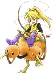  1girl artist_request black_eyes blonde_hair boots chuchu_(pokemon) doduo dress fishing_rod holding holding_fishing_rod long_hair pantyhose pikachu poke_ball pokemon pokemon_(creature) pokemon_special riding sitting turtleneck waist_poke_ball yellow_(pokemon) 