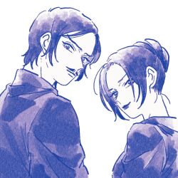  1boy 1girl back closed_mouth facial_hair hair_bun highres light_smile lone_nape_hair looking_back meitantei_conan monochrome morofushi_takaaki mustache nanteiiyoru sidelocks simple_background uehara_yui upper_body white_background 