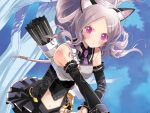  1600x1200 archer arrow artist_request blush bow_(weapon) cat_ears detached_sleeves highres long_hair navel original purple_eyes quiver silver_hair violet_eyes weapon 