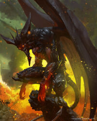  1boy bayard_wu bone colored_skin commentary copyright_notice demon demon_tail demon_wings diabolos elbow_spikes english_commentary fingernails glowing glowing_eyes highres horns knee_spikes mobius_final_fantasy official_art on_rock orange_eyes pile_of_skulls red_skin sharp_fingernails sharp_toenails signature solo squatting tail teeth toenails wings 