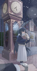  1boy 1girl absurdres bags_under_eyes black_hair black_pantyhose blue_archive blue_shawl book clock enpera fence grey_scarf half-closed_eyes halo highres iron_fence kumakono long_hair long_skirt looking_at_viewer outdoors pantyhose pleated_skirt pov pov_hands revision scarf school_uniform serafuku shawl skirt snowing ui_(blue_archive) very_long_hair watch watch white_serafuku 