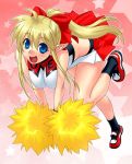  blue_eyes breast_squeeze breasts cheerleader long_hair pointy_ears pom_poms ponytail 