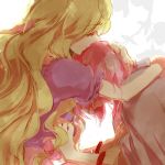  blonde_hair chin_rest comforting hand_on_head holding hug long_hair multiple_girls pink_hair popoin profile sad saigyouji_yuyuko saigyouji_yuyuko_(living) short_hair smile tears touhou yakumo_yukari 