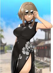  1girl azur_lane chinese_clothes roon_(azur_lane) short_hair sunglasses sunglasses_removed twitter_username 