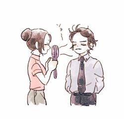  1boy 1girl ^_^ arms_behind_back brown_hair closed_eyes collared_shirt cowboy_shot facial_hair hair_bun hand_fan highres holding holding_fan meitantei_conan morofushi_takaaki mustache nanteiiyoru necktie pink_shirt shirt sidelocks simple_background turtleneck uehara_yui white_background 