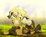  brother_and_sister kagamine_len kagamine_rin kneeling midriff short_hair shorts siblings sitting smile tujisaki twins vocaloid wink 