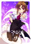  brown_hair dress hat hayate_no_gotoku! highres maria mini_top_hat necktie outstretched_hand pantyhose red_eyes sesena_yau short_sleeves solo top_hat 