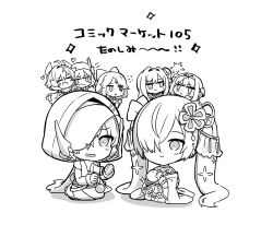  6+girls :d blush character_request chibi closed_eyes commentary_request flying_sweatdrops goddess_of_victory:_nikke greyscale hair_between_eyes hair_intakes hair_over_one_eye hat highres holding hood hood_up long_hair long_sleeves monochrome multiple_girls parted_bangs simple_background single_hair_intake smile sparkle totatokeke translation_request twintails very_long_hair white_background wide_sleeves 
