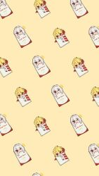  &gt;_o 1boy 1girl blonde_hair chibi don_quixote_(project_moon) hash_browns kfc la_manchaland&#039;s_don_quixote_(project_moon) limbus_company long_hair mcdonald&#039;s metolili mini_person miniboy minigirl one_eye_closed open_mouth project_moon red_eyes sancho_(project_moon) short_hair simple_background smile white_hair yellow_background 