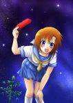  higurashi_no_naku_koro_ni kneehighs leaning_forward orange_hair ryuuguu_rena school_uniform serafuku shundou_ryuuto smile socks tanabata tanzaku 