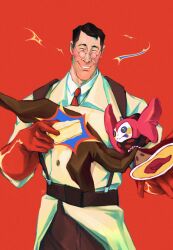  1boy ^_^ absurdres black_hair blush charlotte_(madoka_magica) cheese closed_eyes crossover food glasses gloves happy highres lab_coat long_coat mahou_shoujo_madoka_magica male_focus mature_male medic_(tf2) necktie red_gloves red_medic_(tf2) short_hair suspenders team_fortress_2 tongue tongue_out very_long_sleeves virtuellesterne 