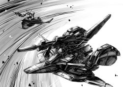  absurdres aircraft beam_rifle commentary_request derivative_work energy_gun gundam highres hyaku_shiki machinery mecha mecha_focus military mobile_suit monochrome no_humans riding robot science_fiction spacecraft starfighter wave_rider weapon zandan_zero_to_na!? zeta_gundam zeta_gundam_(mobile_suit) 