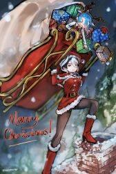  1boy 1girl alternate_costume antlers black_gloves black_hair blue_eyes blue_hair boots brown_pantyhose chimney christmas commentary_request dress fake_antlers fur-trimmed_boots fur-trimmed_dress fur_trim gift gloves highres horns kingjoshua long_sleeves made_in_abyss maruruk merry_christmas multicolored_hair ozen pantyhose red_dress red_footwear reindeer_antlers santa_dress shirt short_hair sleigh snowing strong twitter_username two-tone_hair white_hair white_shirt 
