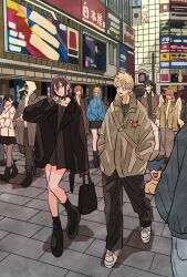  4girls 5boys angel_devil_(chainsaw_man) beam_(chainsaw_man) black_skirt blonde_hair boots chainsaw_man commentary_request denji_(chainsaw_man) full_body hair_between_eyes hair_bun halo hands_in_pockets hayakawa_aki higashiyama_kobeni highres holding horns long_hair makima_(chainsaw_man) mask mole multiple_boys multiple_girls pantyhose pochita_(chainsaw_man) power_(chainsaw_man) purple_hair redhead reze_(chainsaw_man) sharp_teeth short_hair skirt smile takeuchi_ryousuke teeth violence_fiend_(chainsaw_man) wings 