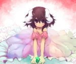  animal_ears bad_id bare_shoulders brown_eyes brown_hair bunny_ears clover dress ears_down female four-leaf_clover goose_h inaba_tewi off_shoulder pink_dress rabbit_ears short_hair solo touhou 