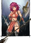  axe bad_id blue_eyes boots breasts cleavage final_fantasy final_fantasy_v gloves hand_on_hip koutetsu lenna_charlotte_tycoon pink_hair polearm purple_hair short_hair solo spear sword weapon 