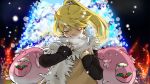  1girl :d artist_request blissey blonde_hair christmas happy long_hair open_mouth pokemon pokemon_(creature) pokemon_special ponytail scarf smile yellow_(pokemon) 