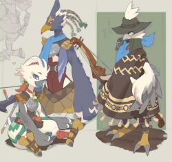  3boys artist_name beak bird_boy black_hat braid character_request full_body furry furry_male green_eyes grey_background hat highres ivy_(sena0119) looking_at_viewer multiple_boys pointy_ears poncho prototype_design revali rito smile standing the_legend_of_zelda the_legend_of_zelda:_breath_of_the_wild the_legend_of_zelda:_tears_of_the_kingdom tulin_(zelda) 