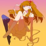  asymmetrical_clothes bandage bandage_over_one_eye bandages bare_shoulders black_legwear blue_eyes different_socks dress floating lcl long_hair mimana neon_genesis_evangelion red_hair redhead single_thighhigh socks souryuu_asuka_langley thigh-highs thighhighs yellow_dress 