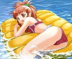  bikini braid brown_eyes brown_hair hello_world. inflatable_raft jpeg_artifacts kinriki_mantou ponytail short_hair swimsuit twin_braids 