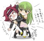  anger_vein angry blush boots c.c. cc chibi clenched_teeth cobra_twist code_geass detached_sleeves green_hair headband kallen_stadtfeld long_hair miyakodori_takayuki multiple_girls panties red_hair redhead short_hair shorts shorts_pull spoilers striped striped_panties submission tears thighhighs translated translation_request underwear wrestling yellow_eyes 