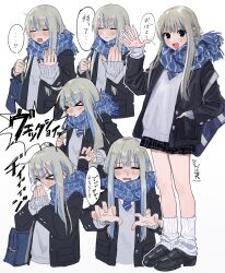  >_< 1girl bag barbell_piercing black_footwear black_jacket black_skirt blowing_nose blue_bag blue_hair blue_scarf blush closed_eyes closed_mouth commentary_request ear_piercing grey_hair grey_sweater hamafugu hand_in_pocket highres industrial_piercing jacket leg_warmers loafers long_hair long_sleeves multicolored_hair multiple_views open_clothes open_jacket open_mouth original outline piercing plaid_clothes plaid_skirt pleated_skirt scarf school_bag school_uniform shoes shoulder_bag sidelocks simple_background skirt sleeves_past_wrists sneezing streaked_hair sweater translation_request waving white_background white_leg_warmers white_outline 