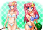  blue_eyes food fruit gundam gundam_seed gundam_seed_destiny hair_ornament hairclip holding holding_fruit lacus_clyne long_hair meer_campbell pink_hair ponytail suikawari swimsuit tooru_jin twintails watermelon 