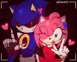 1boy 1girl :p amy_rose artist_name black_background blue_skin bow bracelet camera cookies1145 cookies114s eyelashes furry gloves green_eyes heart hedgehog hedgehog_girl hug looking_at_viewer metal_skin metal_sonic no_humans one_eye_closed pants photo pink_skin pointy_nose pose red_eyes robot robot_boy simple_background skirt sonic_(series) stare ties tongue tongue_out wink
