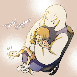 1girl 1other 2023 2d age_difference ambiguous_gender animal_slippers anthro brown_background brown_hair chair character_name chimo_(utdt_game) closed_eyes digital_media duo female floppy_ears frisk_(undertale) fur furry furry_female goat goat_ears goat_girl goat_horns height_difference horns hug human mammal monster monster_girl rocking_chair short_hair simple_background sitting slippers striped text toriel undertale utdr_(toby_fox) white_fur white_horns