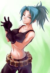  blue_hair gloves king_of_fighters leona_heidern midriff myp2_(artist) ponytail sleeveless 