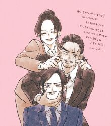  1girl 2boys ^_^ beard_stubble black_jacket blue_jacket closed_eyes facial_hair forked_eyebrows hair_bun highres jacket looking_at_viewer meitantei_conan morofushi_takaaki multiple_boys mustache nanteiiyoru pink_background ponytail scar scar_across_eye short_hair simple_background smile stubble suit uehara_yui yamato_kansuke 