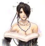  black_hair breasts cleavage dress eyeshadow final_fantasy final_fantasy_x hair_over_one_eye jewelry long_hair lulu mole necklace smile solo strapless_dress 